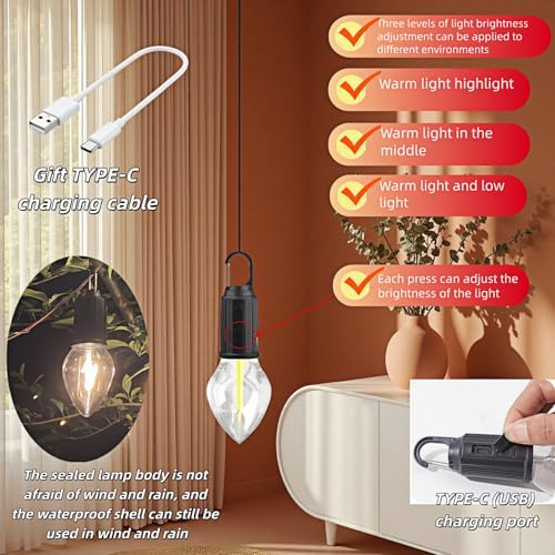 Portable LED Camping Lantern, USB-C Rechargeable Tent Light with Hanging Hook