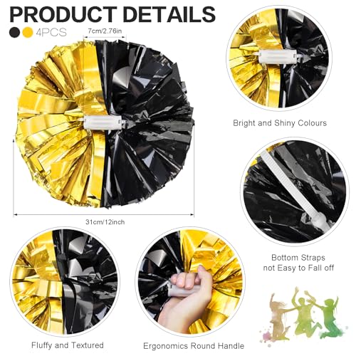 HOLENGS 12-Inch Metallic Cheerleading Pom Poms Black & Gold - 4 Pack for Sports & Dance