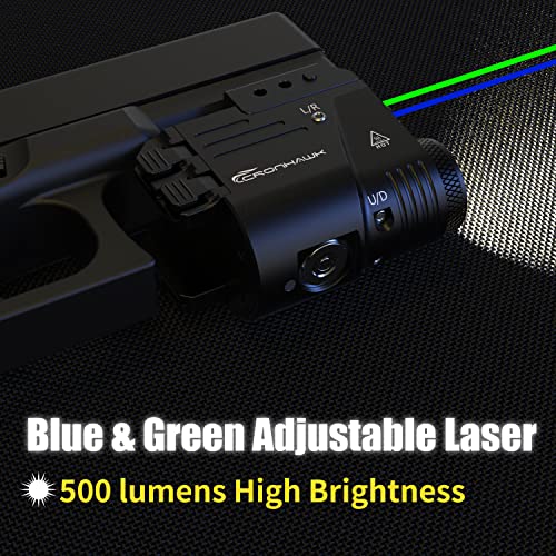 500 Lumen Blue Green Laser Light for Pistol, Rechargeable Rail Mounted Flashlight Laser Combo for Picatinny Rail, Magnetic Charging