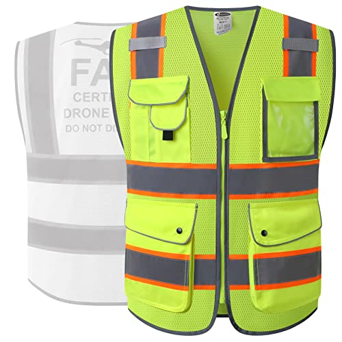 JKSafety 9 Pockets FAA Licenced Drone Pilot Hi-Vis Retro-Reflective Safety Vest | HQ Mesh Lite Neon Yellow Body Color Orange Trimming | ANSI/ISEA Compliance (JK100-FAA-Yellow-L)