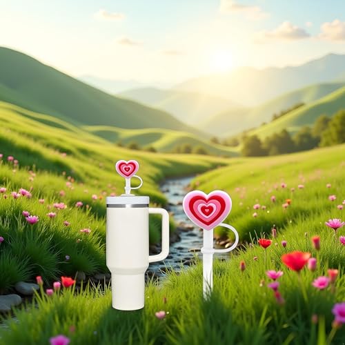 Heart Straw Cover for 10mm Tumbler Straws - Pink Silicone Dust-Proof Topper