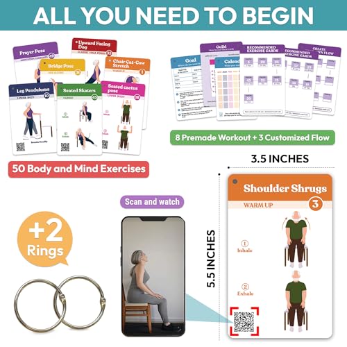 Chair Yoga Flash Cards for Seniors - 50 Exercise Cards with Video Guide