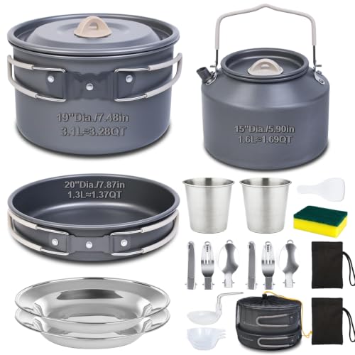 Dinithron 22-Piece Camping Cookware Set Grey, 3.3L Pot & Kettle – Large Capacity