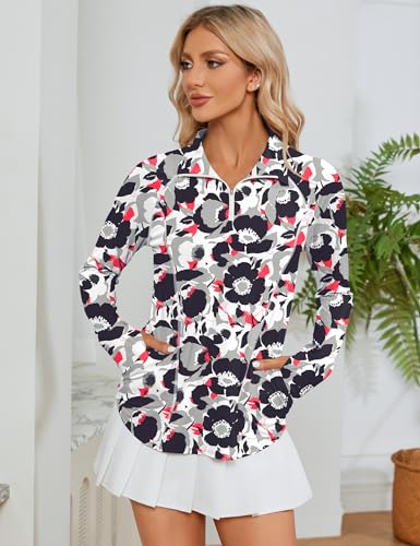 LOMON Women's Black Flower Long Sleeve Sun Protection Hiking Shirt 1/4 Zip Summer Quick Dry