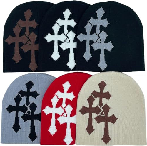 Pooyikoi Y2K Dark Cross Wool Hat for Cold Weather - Black-White, One Size