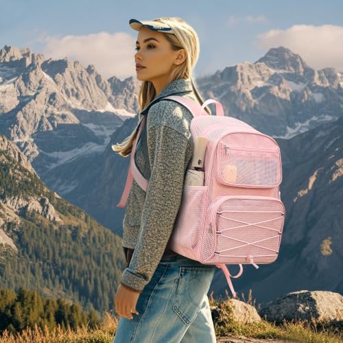 Paxiland Pink 27L Mesh Backpack Heavy Duty See-Through Beach Bag