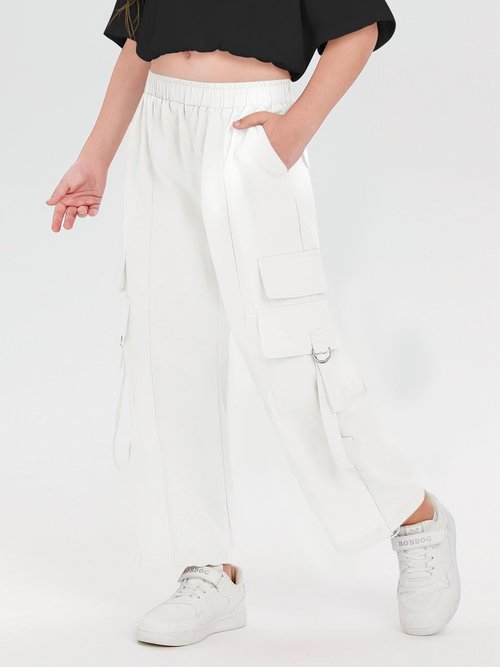 Haloumoning Girls Parachute Pants Kids Wide Leg Cargo Pants Y2K Street Trousers with Pockets 5-14 Years White