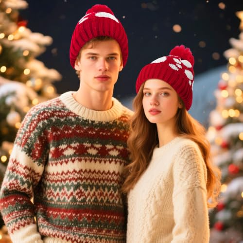 Women's Fleece Lined Winter Beanie Hat with Earflaps and Pom - Red Dots