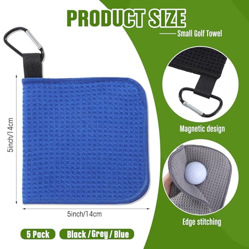 Batiyeer 5 Pack Small Golf Towels with Clip - Microfiber Waffle-Pattern, Portable 5.5 x 5.5 Inch for Men & Women, Gift Set (Black, Gray, Blue)