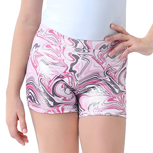 Girls Glitter Gymnastics Dance Shorts - Pink Marble Swirls, Size 7-8