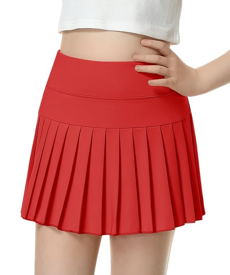 QooNoo Girls Pleated Tennis Skirts with Shorts Athletic Skirt with Side Pocket High Waist Active Skort for Girl Youth Kids Teen(Red,Medium)