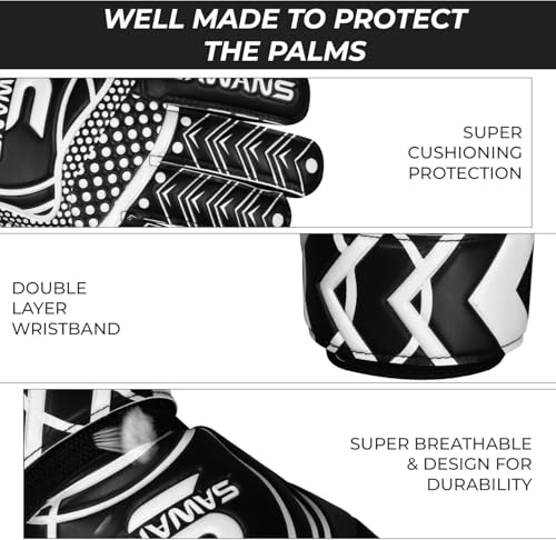 SAWANS Black Goalkeeper Gloves for Soccer - Youth & Adult, Double Layer Grip & Breathable Palm, Size 10