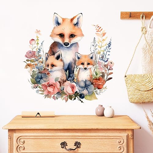 Watercolor Fox Family with Flowers Wall Decal Adorable Nursery Animal Wall Sticker Removable Waterproof Easy Peel and Stick Perfect for Kids Baby Room Classroom Living Room Bedroom Preschool