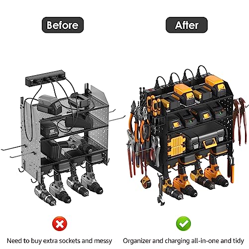 CCCEI Modular Pegboard Rack Power Tool Organizer with Charging Station. 4 Layer Wall Mount Drill Holder, Mechanic Tool Battery Charger Organizer. Garage Shop Storage Utility Shelf with Power Strip.