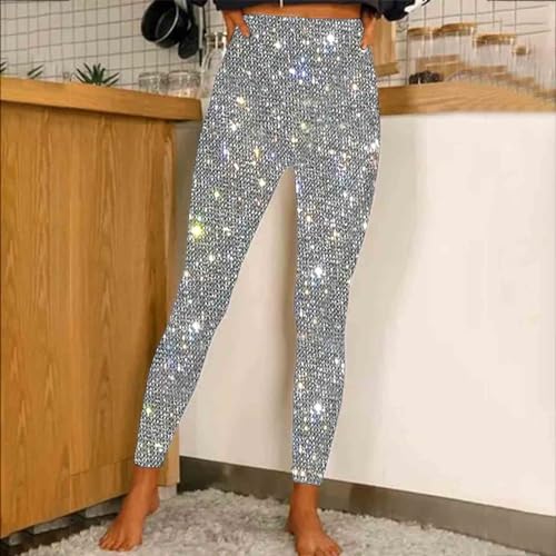 High Waisted Glitter Leggings for Women - Silver, XX-Large