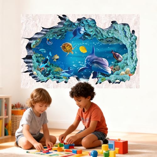 3D Under The Sea Wall Decals, Removable Ocean Theme Peel and Stick Wall Art with Dolphin Turtle Seaweed for Broken Wall Effect, Waterproof DIY Decor for Boys Bedroom, Kids Room, Bathroom, Living Room