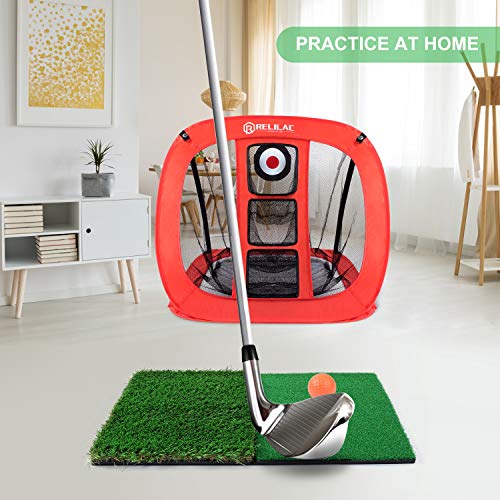RELILAC Golf Practice Net Set with 1 Net, 2 Mat, 12 Foam Balls – Indoor/Outdoor Chipping Target for Golfers, Gifts for Men, Women, Kids, Dad, Husband