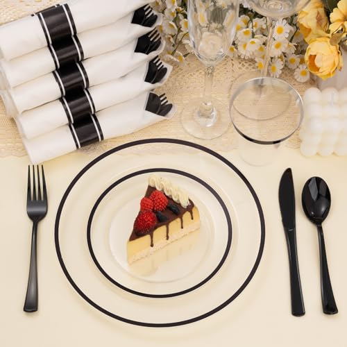Black Disposable Plastic Plate Set for 50 Guests - 350 Pieces