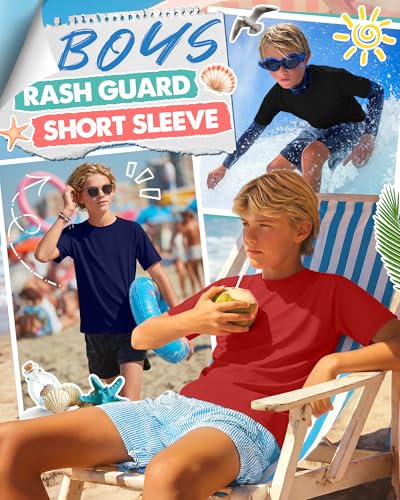 Boys' Rash Guard Swim Shirts - 3 Pack, Red, Navy, Black, 13-14 Years