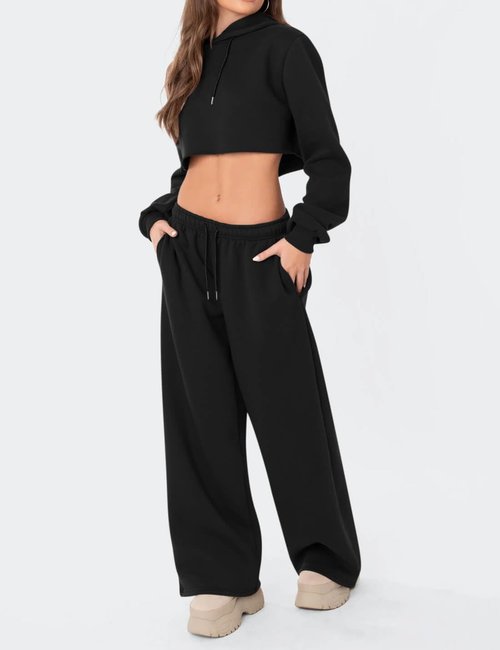 Ugerlov Wide Leg Sweatpants Women Baggy Fleece Sweat Pants Teen Girls Lounge Drawstring Trousers Low Rise Cute Streetwear Pants with Pockets Black M