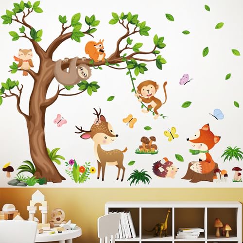 Tree Wall Decals Decor for Bedroom & Living Room - Monkey & Sloth Wall Stickers - Multicolor Cartoon Animal Wall Decor - Vinyl Sticker Decals