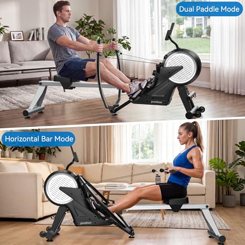 Dual Scull Rowing Machine - Wind & Magnetic Resistance, 14 Levels, Grayish-White