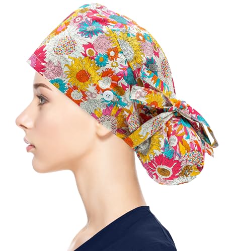 Adjustable Ponytail Scrub Cap with Buttons - Sunflowers