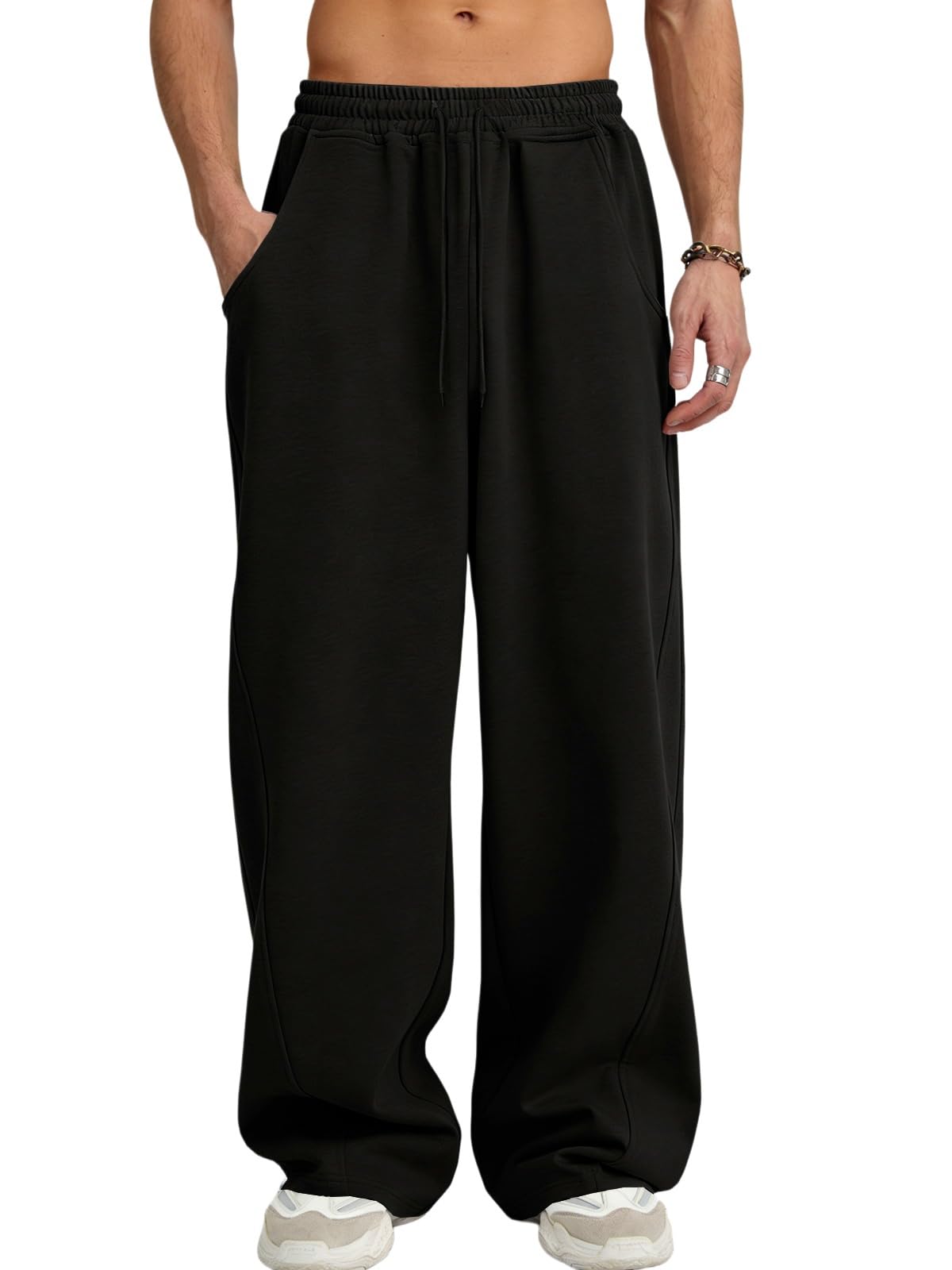 ATOFY Men's Baggy Sweatpants Wide Leg Pants Elastic Waist Drawstring Loose Lounge Joggers Sweatpant with Pockets Black