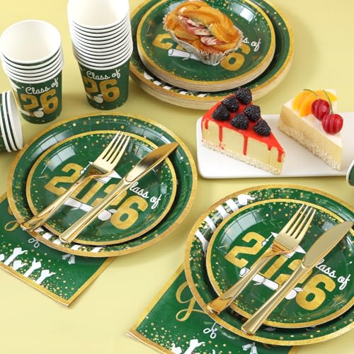 Green and Gold Graduation Plates and Napkins Set - Serves 24