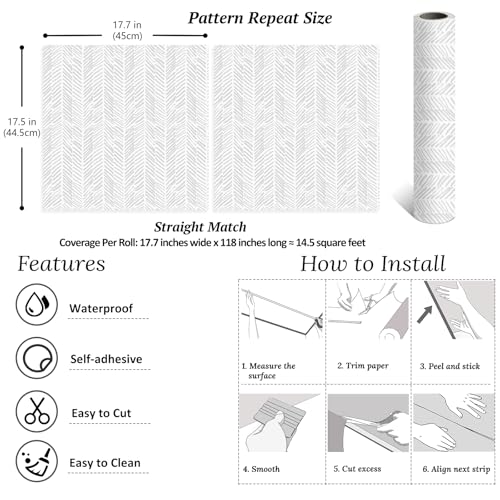 VEELIKE Grey Herringbone Peel and Stick Wallpaper Boho Geometric Wallpaper for Bathroom Bedroom 17.7''x118'' Grey Chevron Wallpaper Stick and Peel Removable Contact Paper for Walls Cabinets Drawers