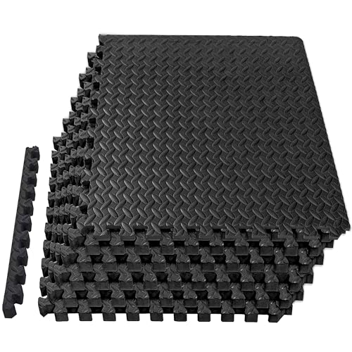 EVA Exercise Floor Mats - Interlocking Foam Tiles, 0.5 Inch Thick, 24 SQ FT - Black