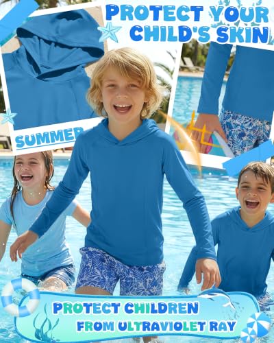Boys Long Sleeve Rash Guard Hoodie UPF 50+ Sun Shirt - Royal Blue 9-10 Years