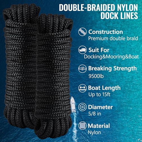PropelTech 4 Pack 5/8" x 15' Double Braided Nylon Dock Lines for Boats, Black, Heavy Duty