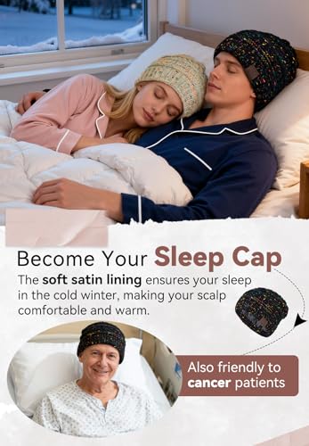 Satin Lined Beanie for Women & Men - Slouchy Winter Hat - Black Yarn