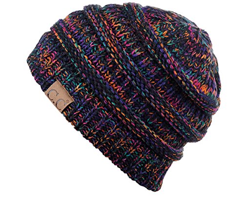 Warm Chunky Soft Stretch Cable Knit Beanie - Black Multi, One Size
