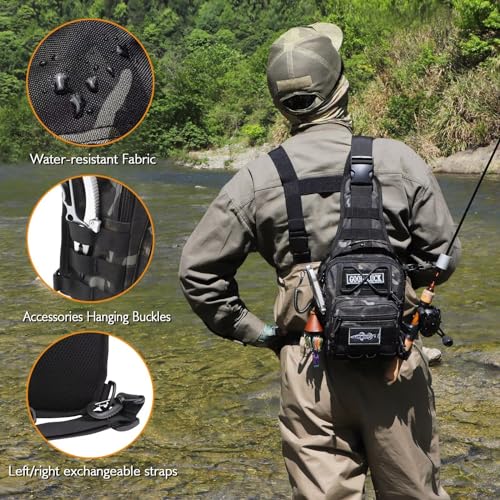 Dovesun Small Fly Fishing Backpack Sling Pack - Black Patterned, 17.7 x 8.5 x 5.7in (No Tackle Box)