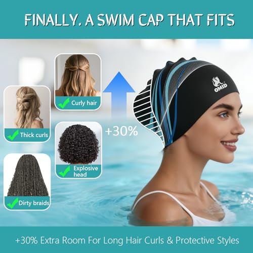 OMID Extra Large Silicone Swim Cap for Long Thick Hair Women Black Waterproof Non-Slip Pool & Beach Use