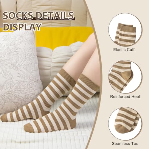 6 Pairs Women's Striped Crew Socks - Blue, Green, Yellow, Red, Dark Coffee, Light Coffee