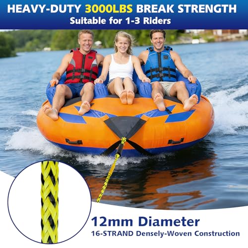 60FT Heavy Duty Boat Tow Rope for Tubing - Yellow & Black, 3 Person