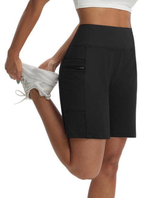 baleaf Women's Bermuda Shorts Athletic Running Shorts Quick Dry High Waisted Workout Gym Shorts with Zipper Pockets Walking Casual Black L