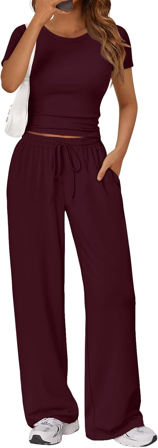 Trendy Queen 2 Piece Summer Sweatsuit - Women's Side Ruching Top & Wide Leg Pants Set with Pockets