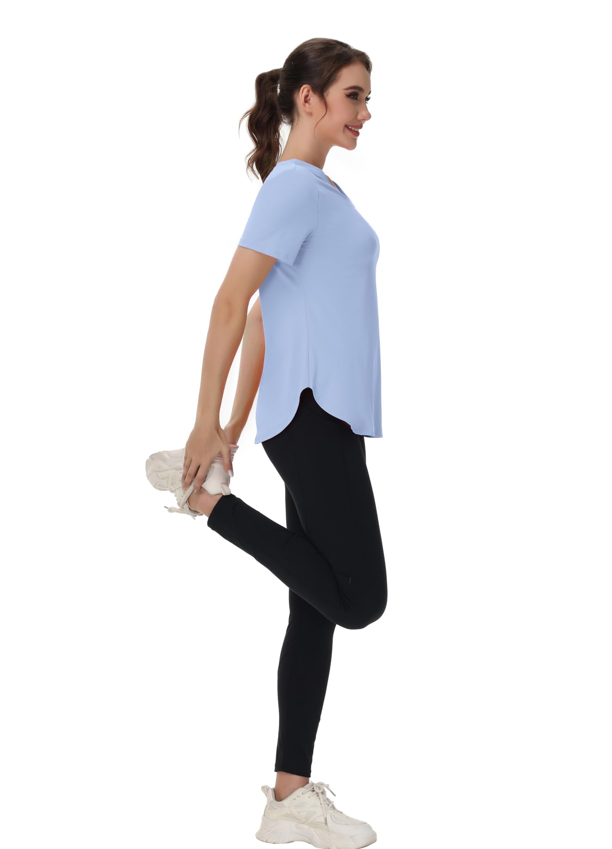 Kaleforneo Workout Tops for Women Short Sleeve T Shirts Moisture Wicking Yoga Gym Running Hiking V Neck Athletic Tee Blue L