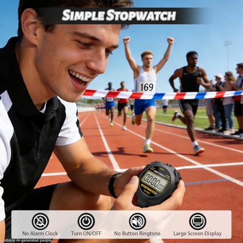 Digital Stopwatch Timer - Simple Operation, Silent Mode, 1 Lap Non-Waterproof Black