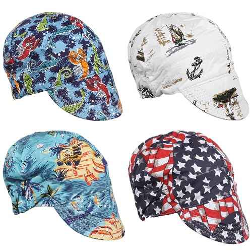 4Pcs Welding Caps, Cotton Welding Hats, Welders Caps with Sweat-absorbing Mesh Liner, Breathable Welding Hats with Elastic Ring for Welders Electricians Power Station Workers