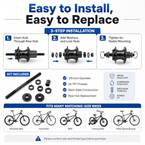 190MM Bicycle Rear Hub Axle Kit - 3/8 Inch Black, Durable Design