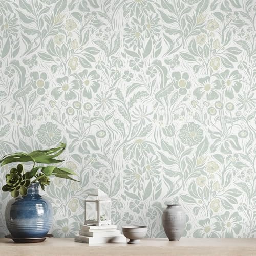 Heroad Floral Contact Paper Green Peel and Stick Wallpaper Botanical Self Adhesive Removable Stick on Wall Paper for Cabinets Drawers Waterproof Bathroom Pantry Wall Decor Vinyl Roll 17.3''x78.7''