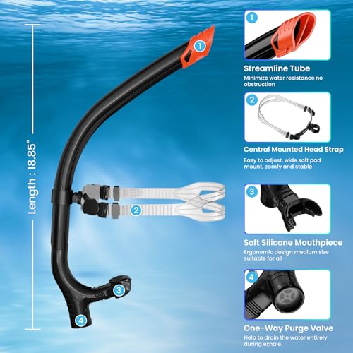 ForShine Black Swim Snorkel for Adults - Front-Mounted Pool & Open Water Training