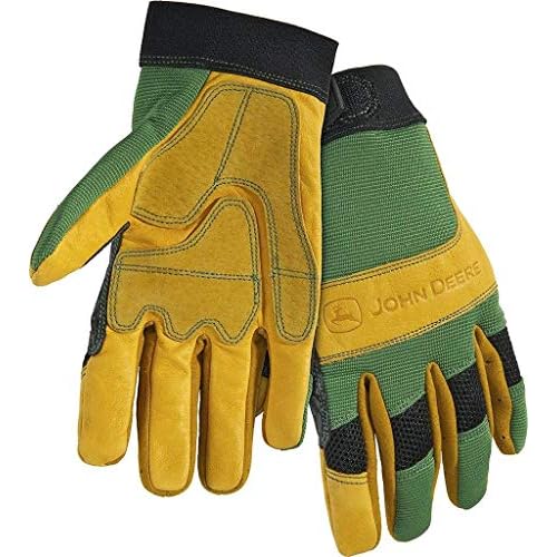 John Deere JD00009 Leather Gloves, Grain Cowhide Leather Palm, Spandex Back, Hook and Loop Wrist