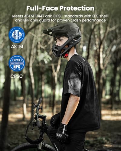 Full Face Mountain Bike Helmet - Adjustable Visor, Matte Black, Large