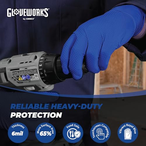 GLOVEWORKS HD Royal Blue Nitrile Industrial Disposable Gloves, 6 Mil Latex-Free, Raised Diamond Texture, XX-Large, Box of 100